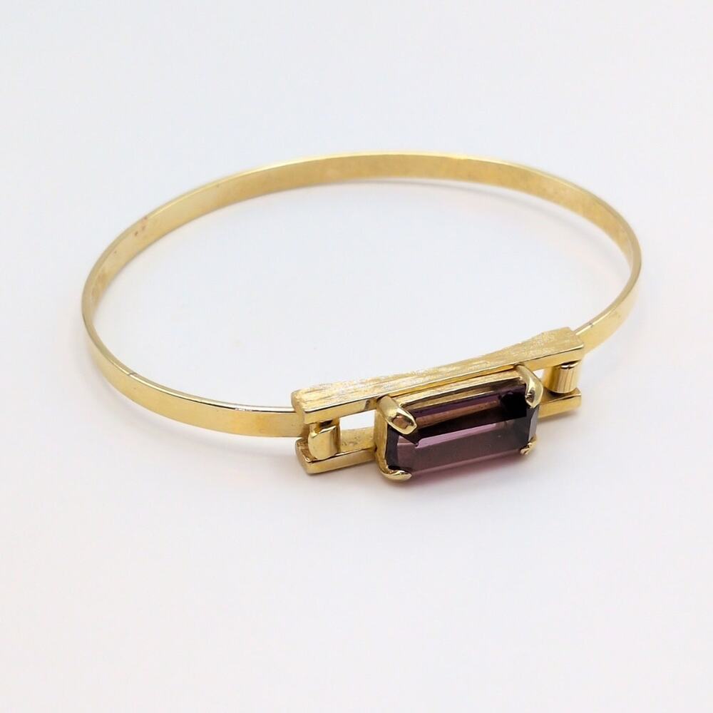 Vintage AVON Plaza Gold Tone Hinge Bangle Cuff Purple Baguette Crystal Bracelet